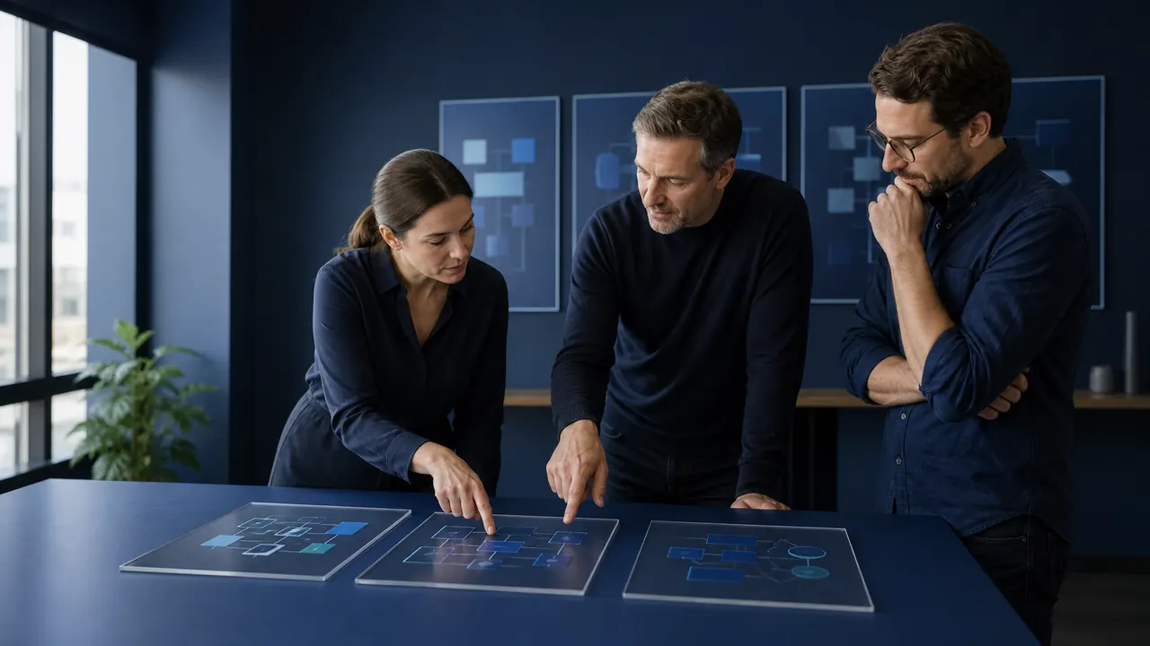 Un equipo compara alternativas técnicas y criterios de decisión sobre una mesa de trabajo.