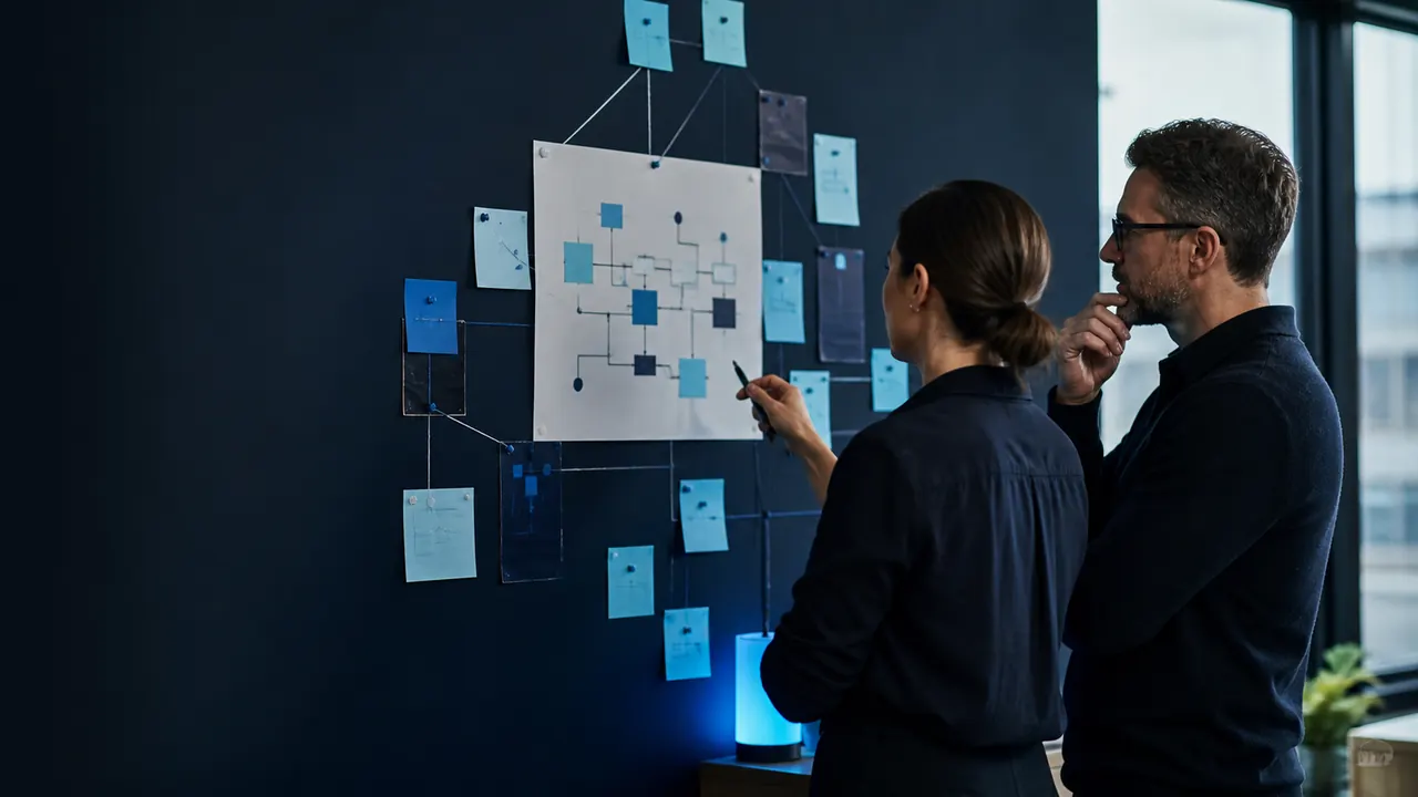 Dos personas revisan un mapa de dependencias antes de definir el problema operativo.